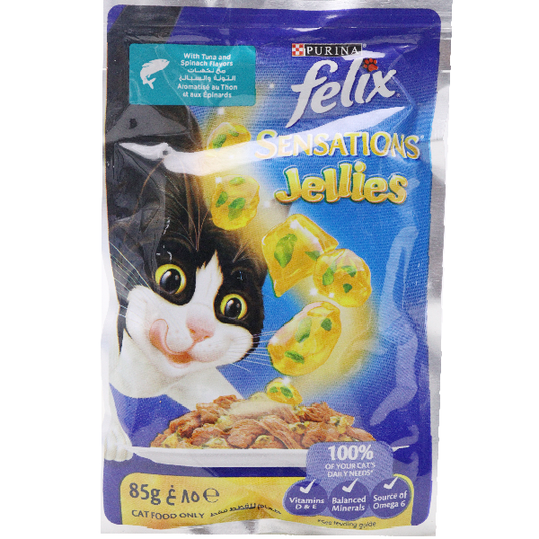 Purina Felix Sensation Jellies Cat Food With Tuna And Spinach Flavors